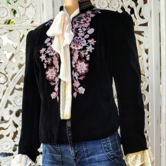 Vintage 80s/90s embroidered velveteen puffed sleev - Picture 2 of 6